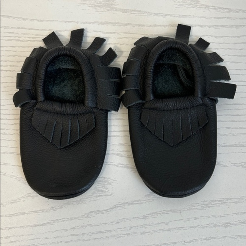 6 Inch Toddler Moccasins Black Leather Fringe Slip On No Rubber or Plastic Soles